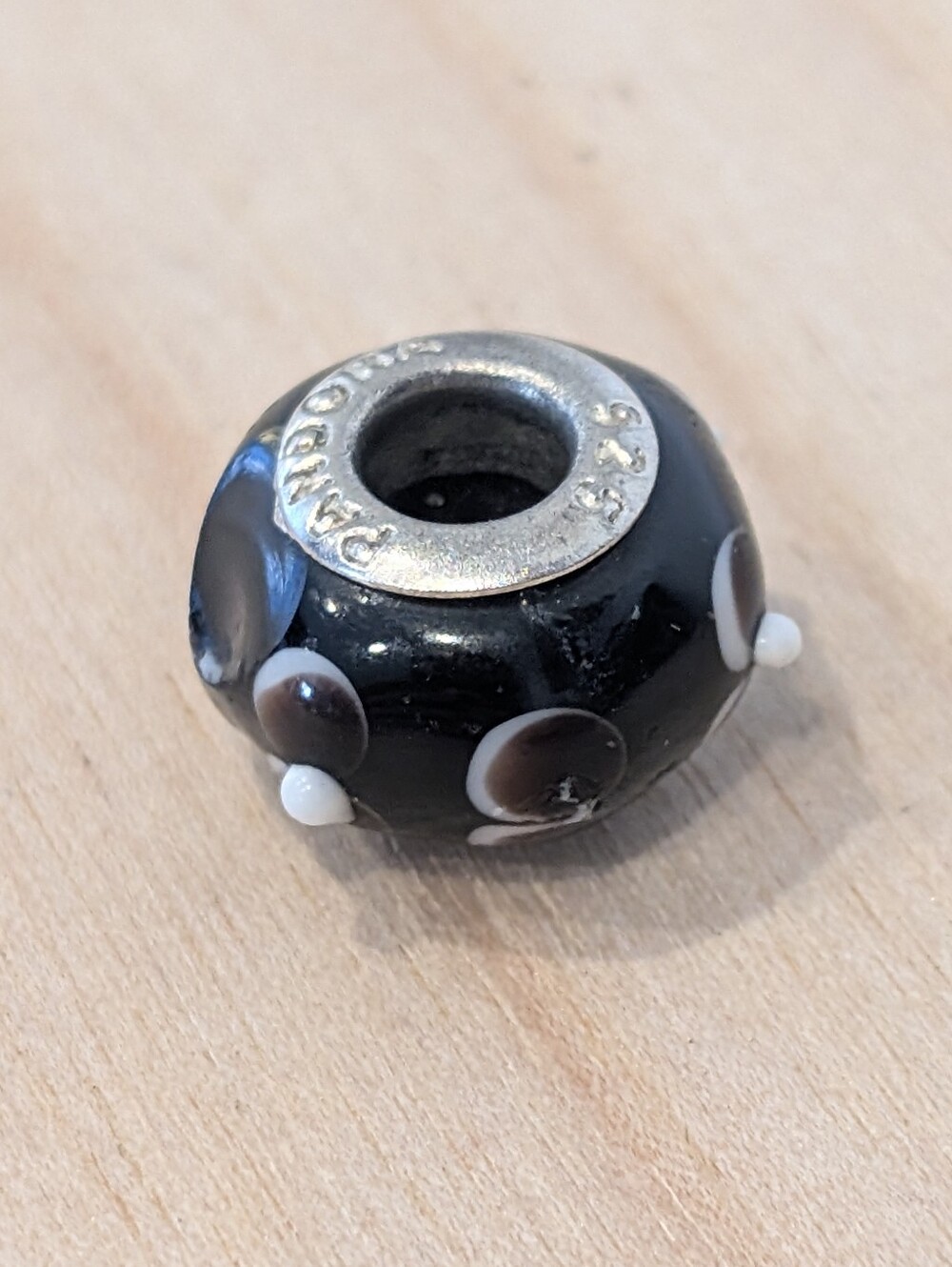Retired PANDORA Black White Raised Polka Dot Murano Glass Charm 925